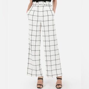 High Waisted Windowpane Belted Wide Leg Paperbag Pant | 0R